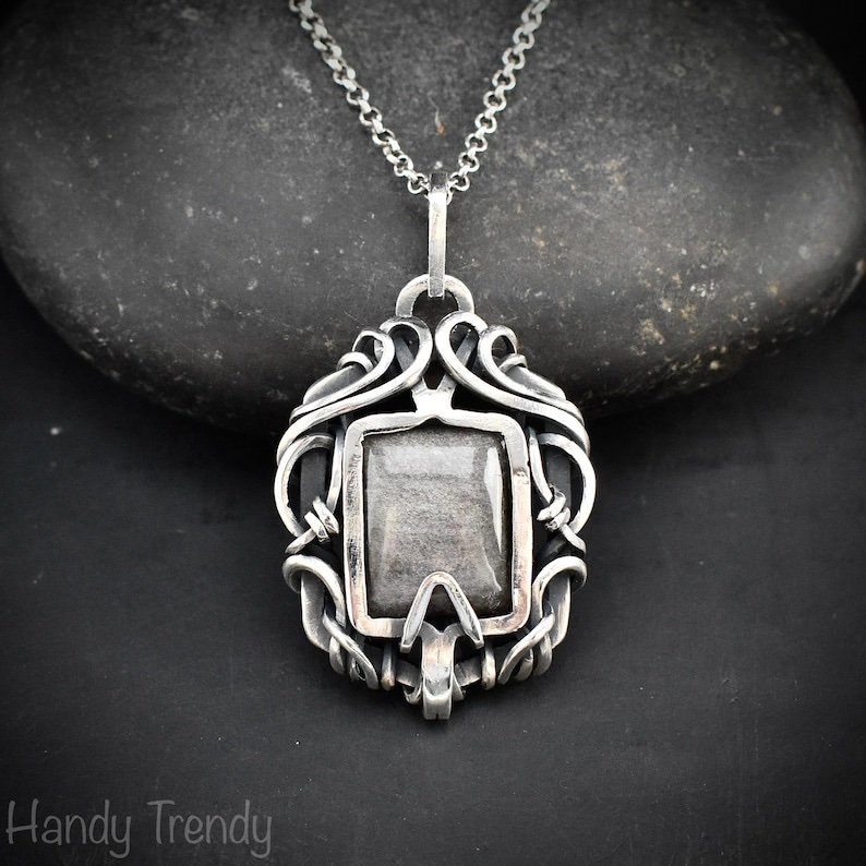 Silver obsidian free flow pendant, 925 sterling silver Wire wrapped jewelry, Unique handmade gift, Artisan necklace, One of a kind piece
