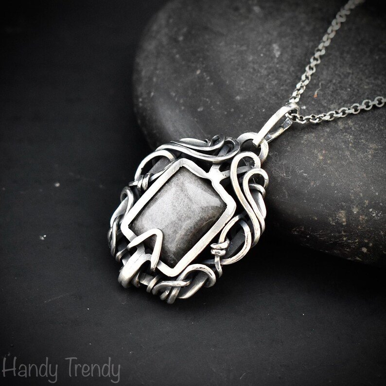 Silver obsidian free flow pendant, 925 sterling silver Wire wrapped jewelry, Unique handmade gift, Artisan necklace, One of a kind piece
