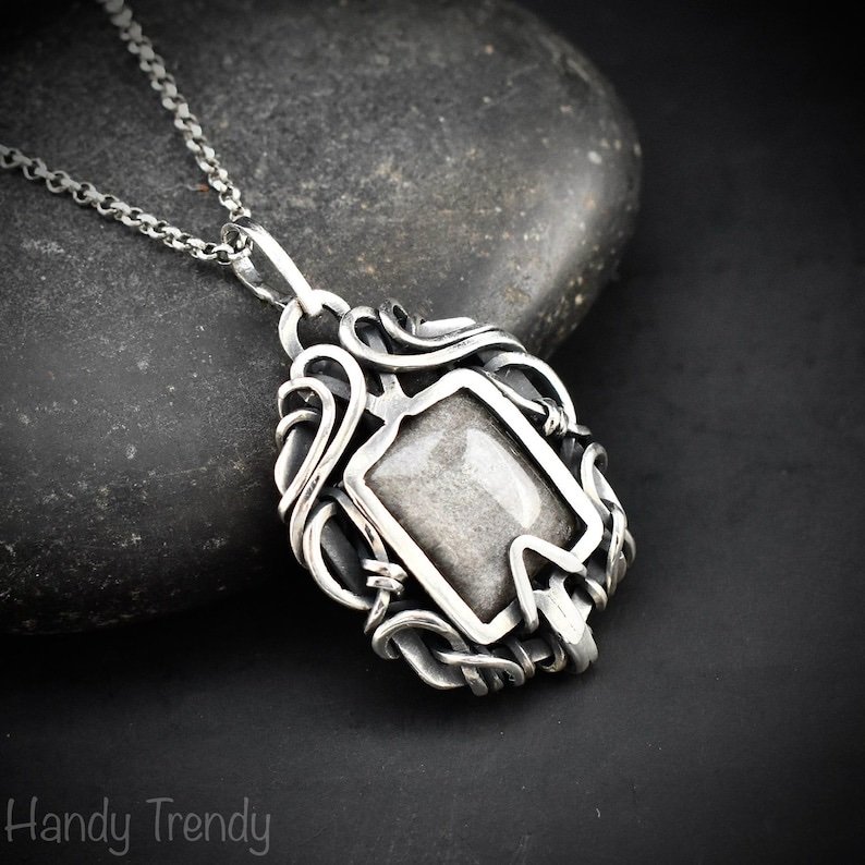 Silver obsidian free flow pendant, 925 sterling silver Wire wrapped jewelry, Unique handmade gift, Artisan necklace, One of a kind piece