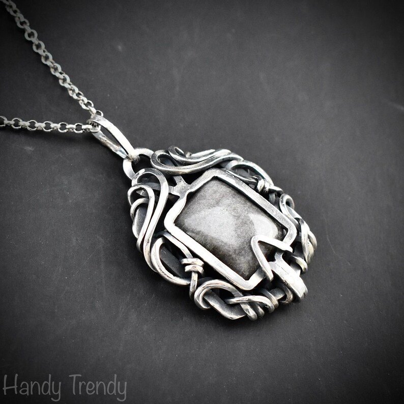 Silver obsidian free flow pendant, 925 sterling silver Wire wrapped jewelry, Unique handmade gift, Artisan necklace, One of a kind piece