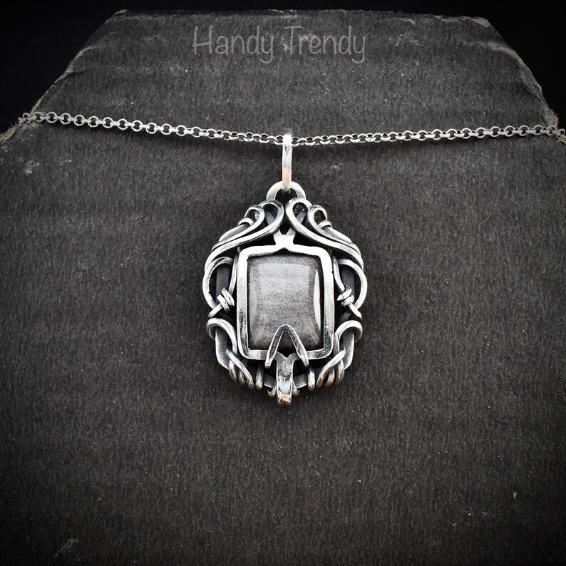 Silver obsidian free flow pendant, 925 sterling silver Wire wrapped jewelry, Unique handmade gift, Artisan necklace, One of a kind piece
