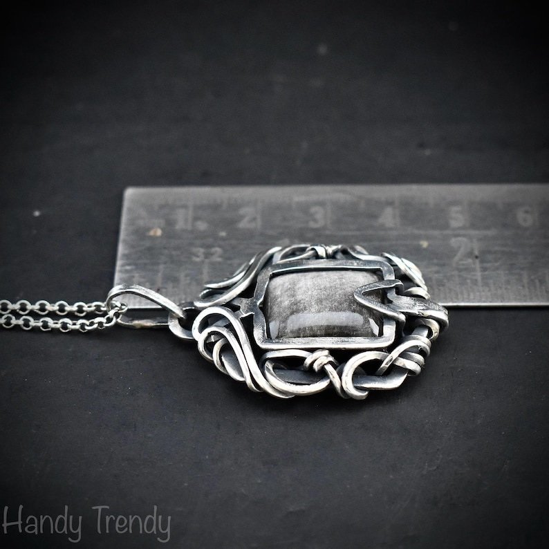 Silver obsidian free flow pendant, 925 sterling silver Wire wrapped jewelry, Unique handmade gift, Artisan necklace, One of a kind piece