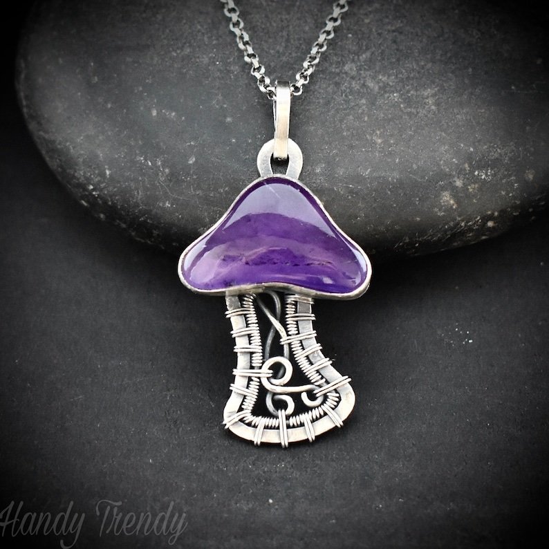 Amethyst mushroom pendant, 925 sterling silver wire wrapped necklace, Unique handmade gift, One of a kind artisan jewelry
