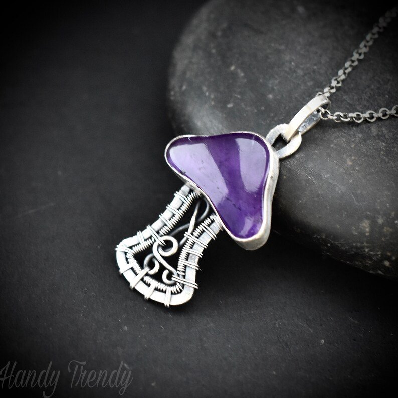 Amethyst mushroom pendant, 925 sterling silver wire wrapped necklace, Unique handmade gift, One of a kind artisan jewelry