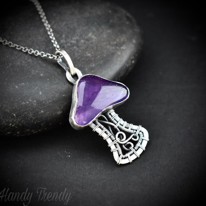 Amethyst mushroom pendant, 925 sterling silver wire wrapped necklace, Unique handmade gift, One of a kind artisan jewelry