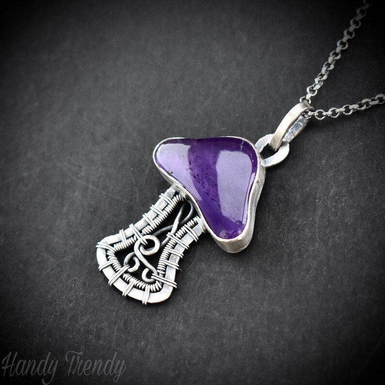 Amethyst mushroom pendant, 925 sterling silver wire wrapped necklace, Unique handmade gift, One of a kind artisan jewelry