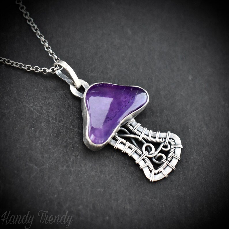 Amethyst mushroom pendant, 925 sterling silver wire wrapped necklace, Unique handmade gift, One of a kind artisan jewelry