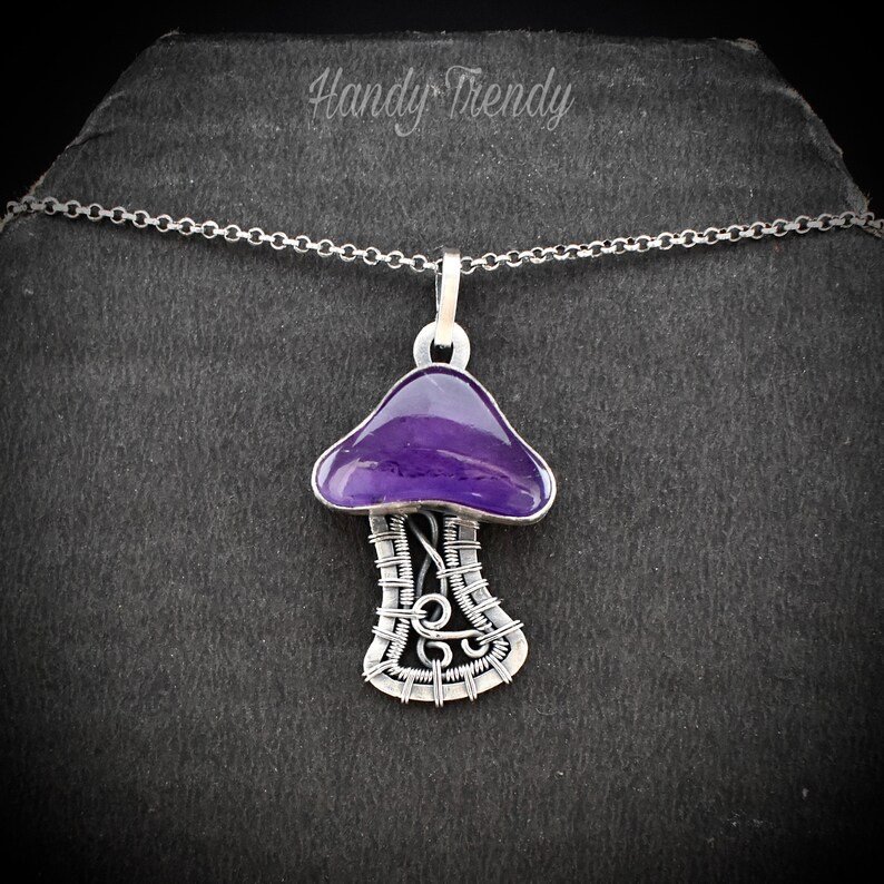 Amethyst mushroom pendant, 925 sterling silver wire wrapped necklace, Unique handmade gift, One of a kind artisan jewelry