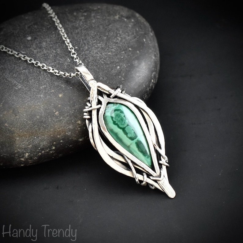 Malachite free flow pendant, 925 sterling silver Wire wrapped jewelry, Unique handmade gift, Artisan necklace, One of a kind necklace