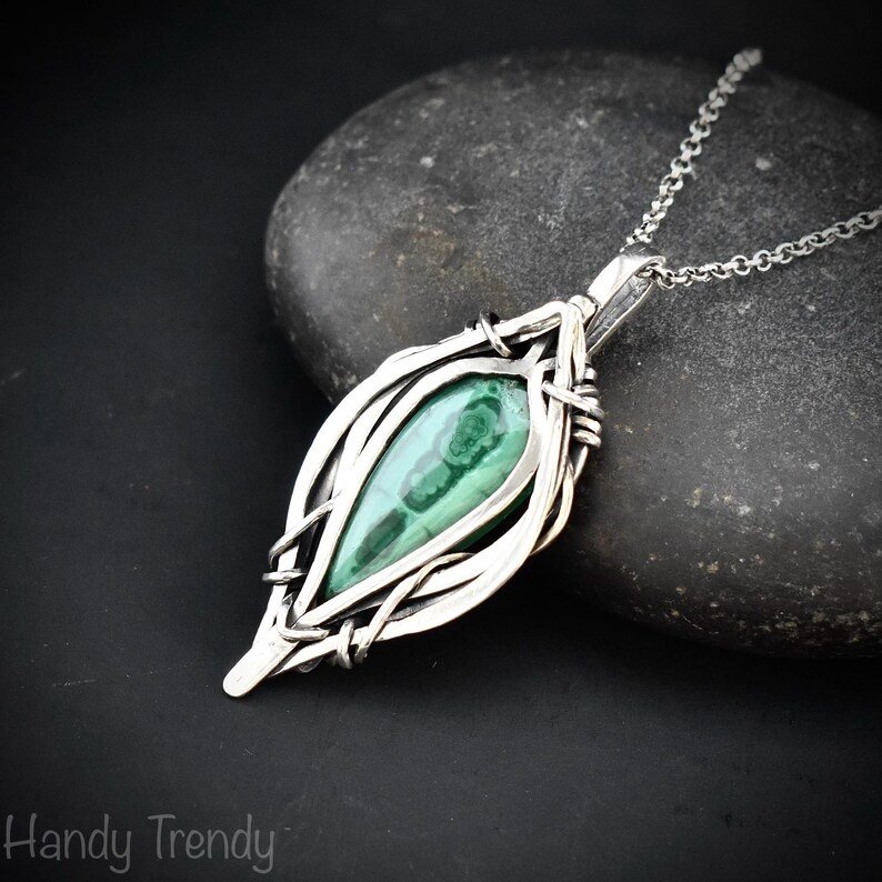 Malachite free flow pendant, 925 sterling silver Wire wrapped jewelry, Unique handmade gift, Artisan necklace, One of a kind necklace