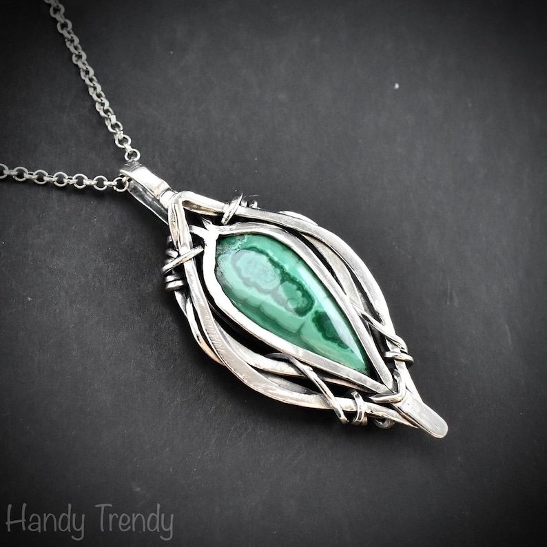 Malachite free flow pendant, 925 sterling silver Wire wrapped jewelry, Unique handmade gift, Artisan necklace, One of a kind necklace