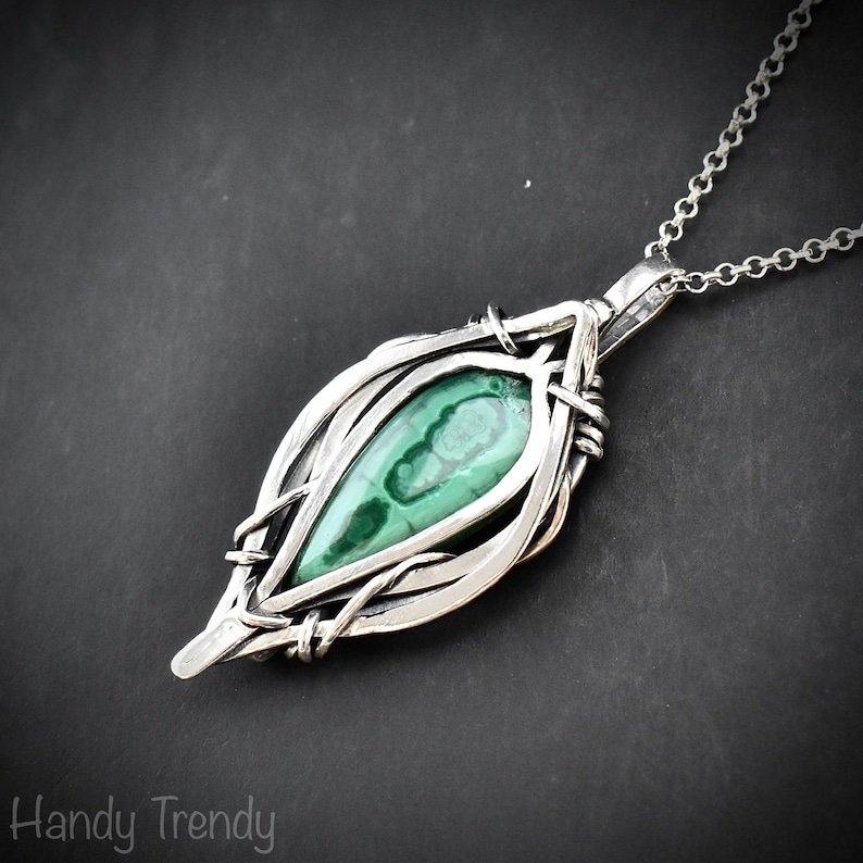Malachite free flow pendant, 925 sterling silver Wire wrapped jewelry, Unique handmade gift, Artisan necklace, One of a kind necklace
