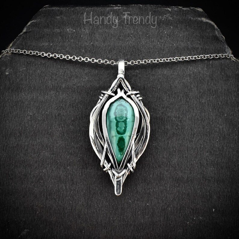 Malachite free flow pendant, 925 sterling silver Wire wrapped jewelry, Unique handmade gift, Artisan necklace, One of a kind necklace
