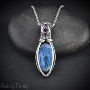 Blue labradorite and amethyst pendant, 925 sterling silver wire wrapped jewelry, Unique handmade bride gift, One of a kind artisan necklace