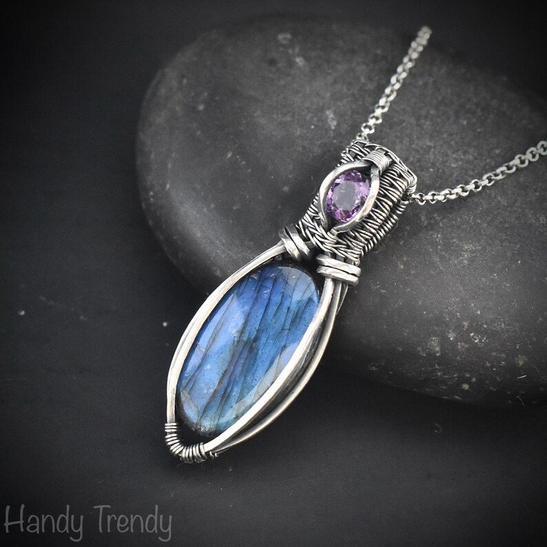 Blue labradorite and amethyst pendant, 925 sterling silver wire wrapped jewelry, Unique handmade bride gift, One of a kind artisan necklace