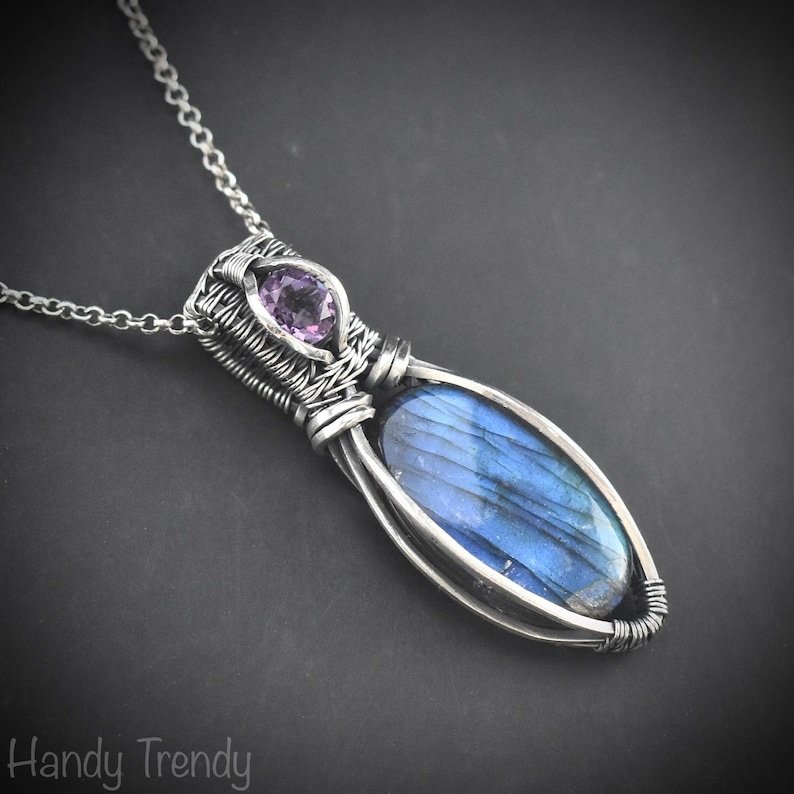 Blue labradorite and amethyst pendant, 925 sterling silver wire wrapped jewelry, Unique handmade bride gift, One of a kind artisan necklace