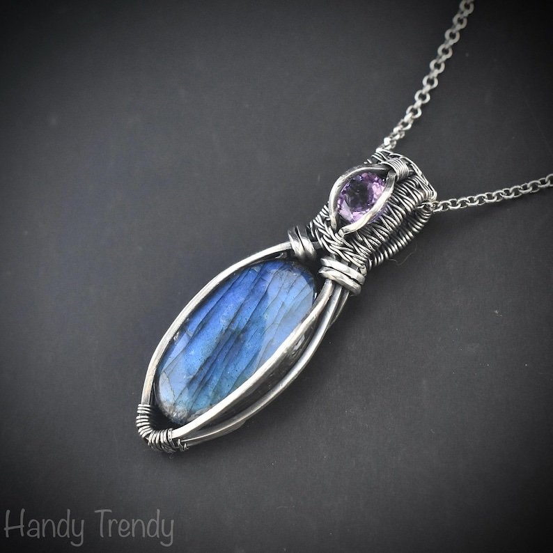Blue labradorite and amethyst pendant, 925 sterling silver wire wrapped jewelry, Unique handmade bride gift, One of a kind artisan necklace