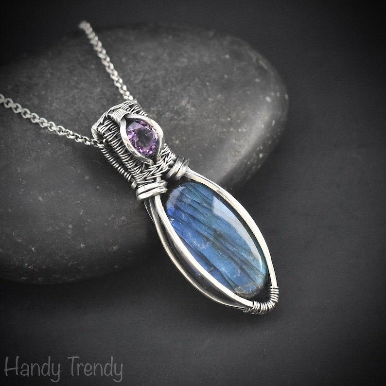 Blue labradorite and amethyst pendant, 925 sterling silver wire wrapped jewelry, Unique handmade bride gift, One of a kind artisan necklace