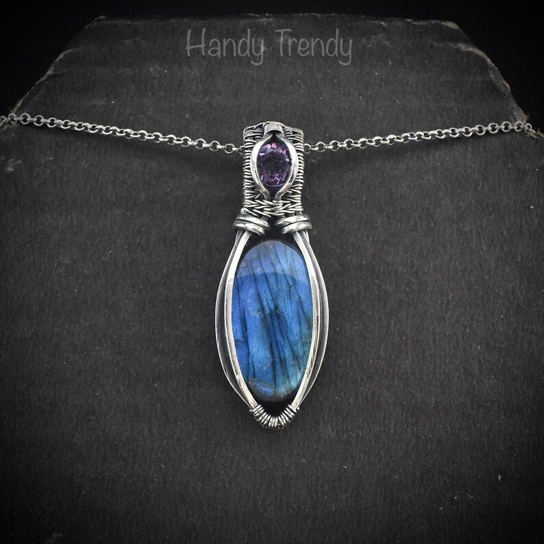 Blue labradorite and amethyst pendant, 925 sterling silver wire wrapped jewelry, Unique handmade bride gift, One of a kind artisan necklace