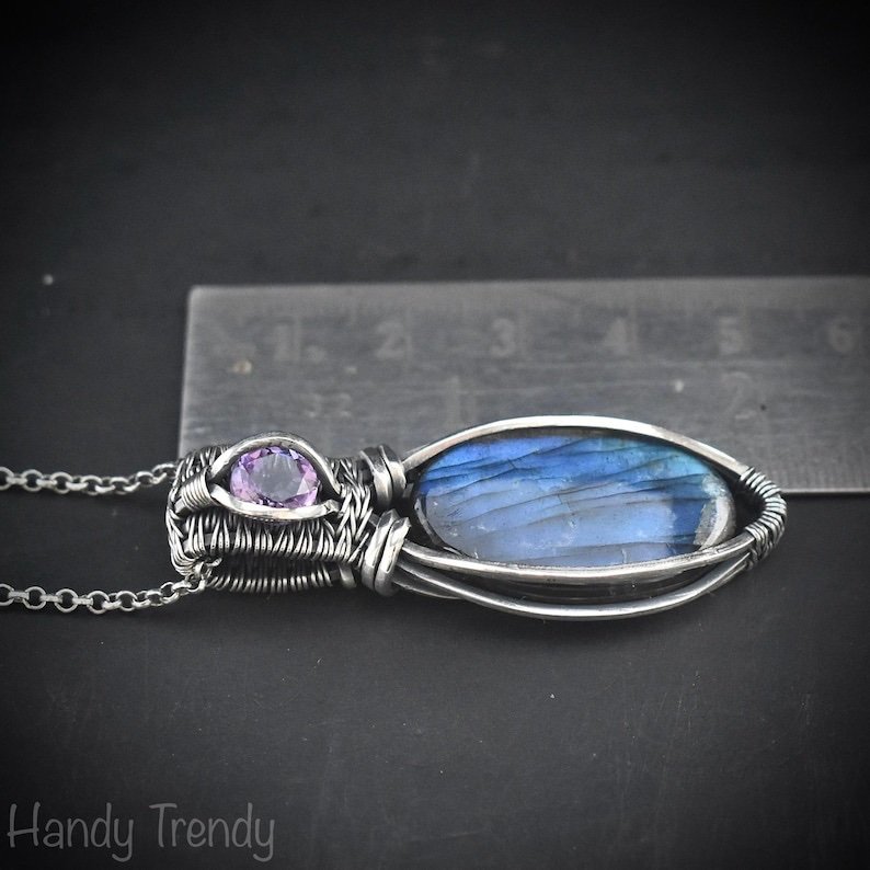 Blue labradorite and amethyst pendant, 925 sterling silver wire wrapped jewelry, Unique handmade bride gift, One of a kind artisan necklace