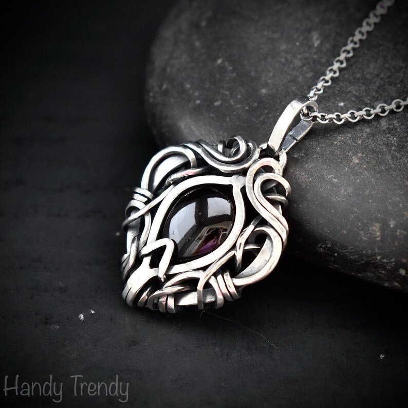 Garnet free-flow pendant, 925 sterling silver wire wrapped necklace, Unique handmade gift, One of a kind artisan jewelry