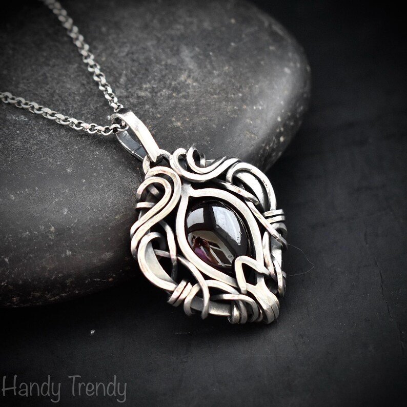 Garnet free-flow pendant, 925 sterling silver wire wrapped necklace, Unique handmade gift, One of a kind artisan jewelry
