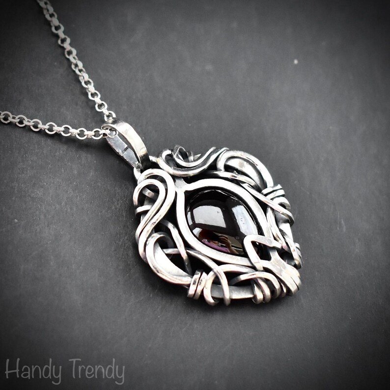 Garnet free-flow pendant, 925 sterling silver wire wrapped necklace, Unique handmade gift, One of a kind artisan jewelry