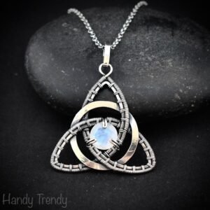 Rainbow moonstone triquetra circle pendant, 925 sterling silver wire wrapped necklace, Unique handmade gift, One of a kind celtic design