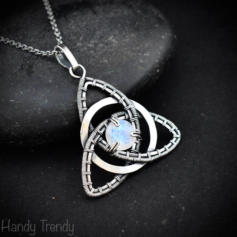 Rainbow moonstone triquetra circle pendant, 925 sterling silver wire wrapped necklace, Unique handmade gift, One of a kind celtic design