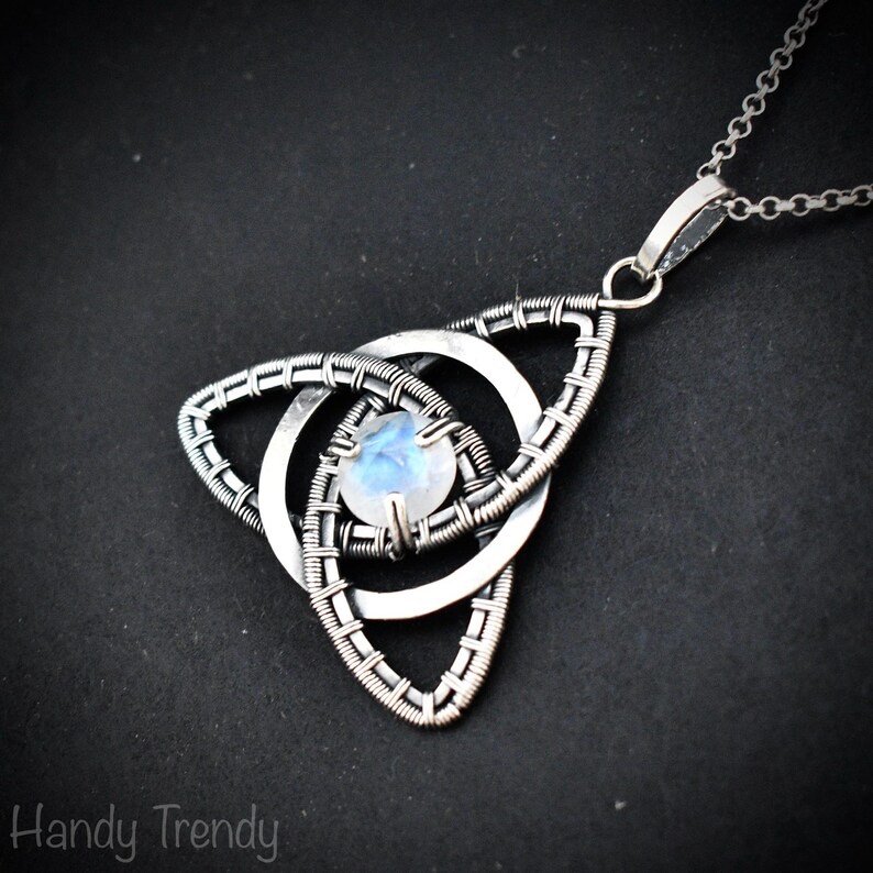 Rainbow moonstone triquetra circle pendant, 925 sterling silver wire wrapped necklace, Unique handmade gift, One of a kind celtic design