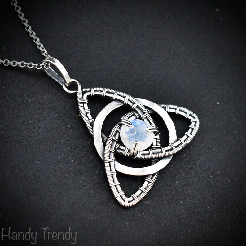 Rainbow moonstone triquetra circle pendant, 925 sterling silver wire wrapped necklace, Unique handmade gift, One of a kind celtic design