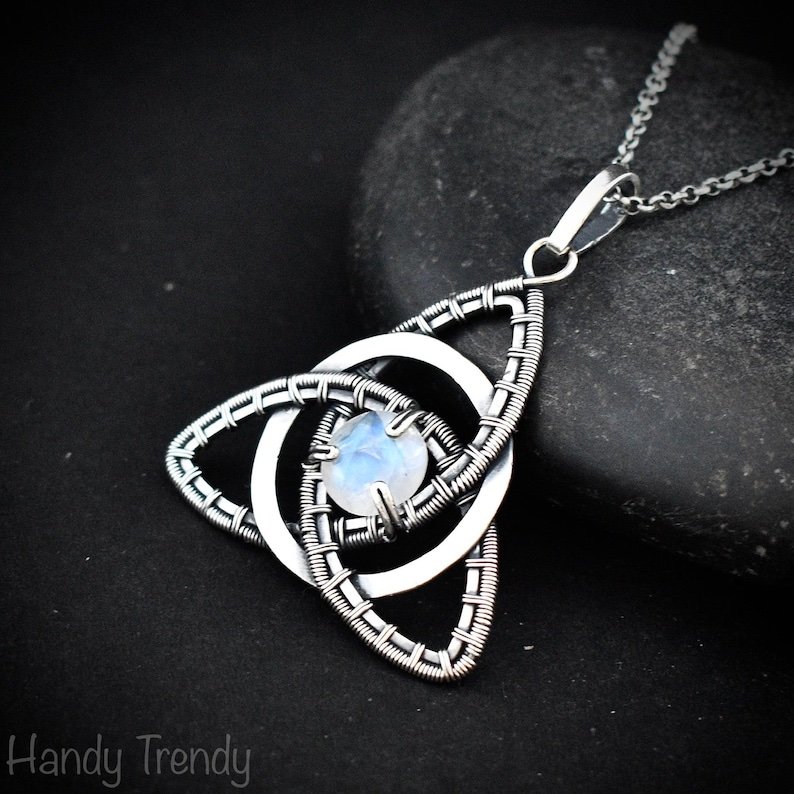 Rainbow moonstone triquetra circle pendant, 925 sterling silver wire wrapped necklace, Unique handmade gift, One of a kind celtic design