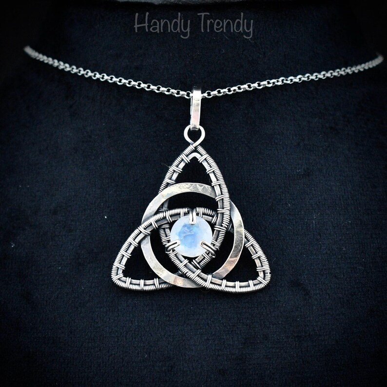 Rainbow moonstone triquetra circle pendant, 925 sterling silver wire wrapped necklace, Unique handmade gift, One of a kind celtic design