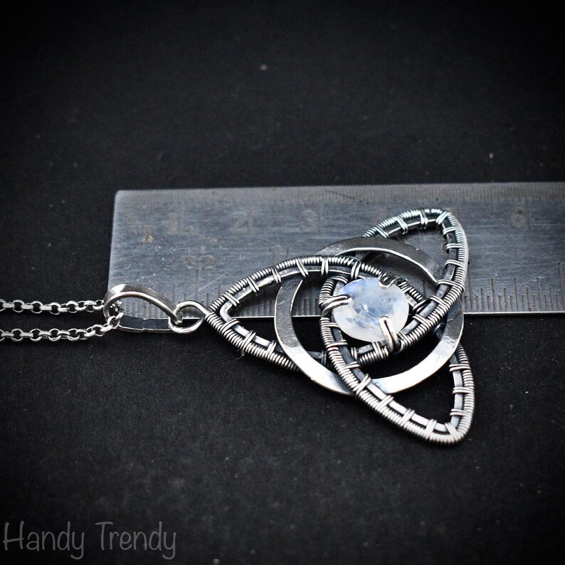 Rainbow moonstone triquetra circle pendant, 925 sterling silver wire wrapped necklace, Unique handmade gift, One of a kind celtic design