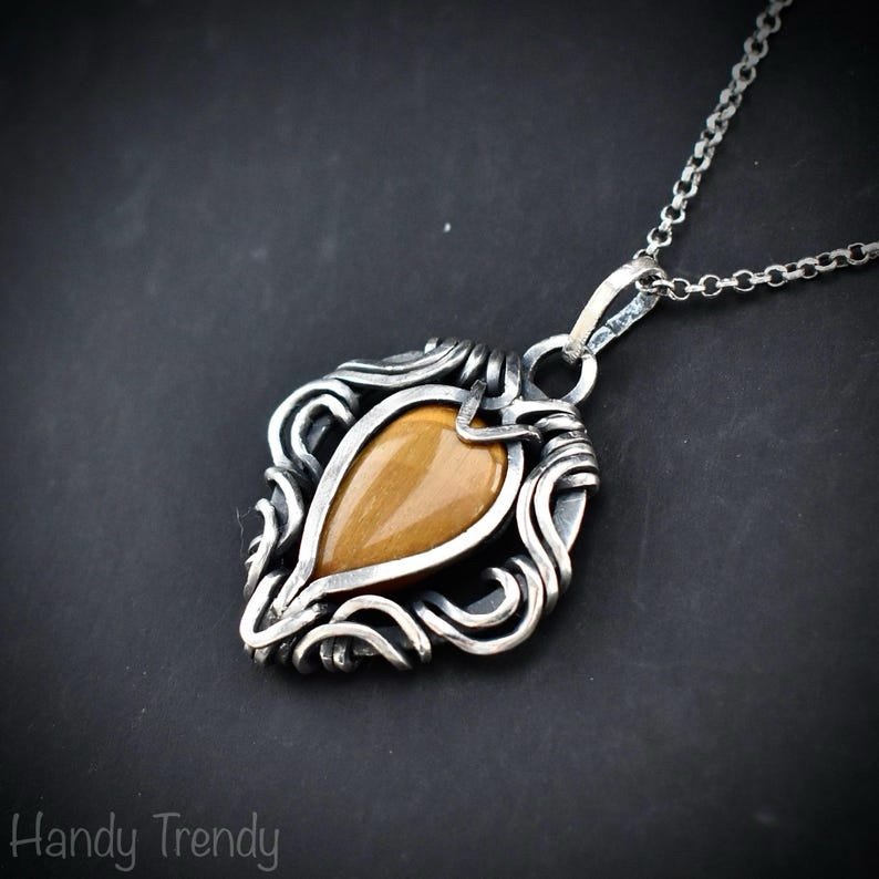 Yellow tiger eye free flow pendant, 925 sterling silver Wire wrapped jewelry, Unique handmade gift, One of a kind artisan necklace