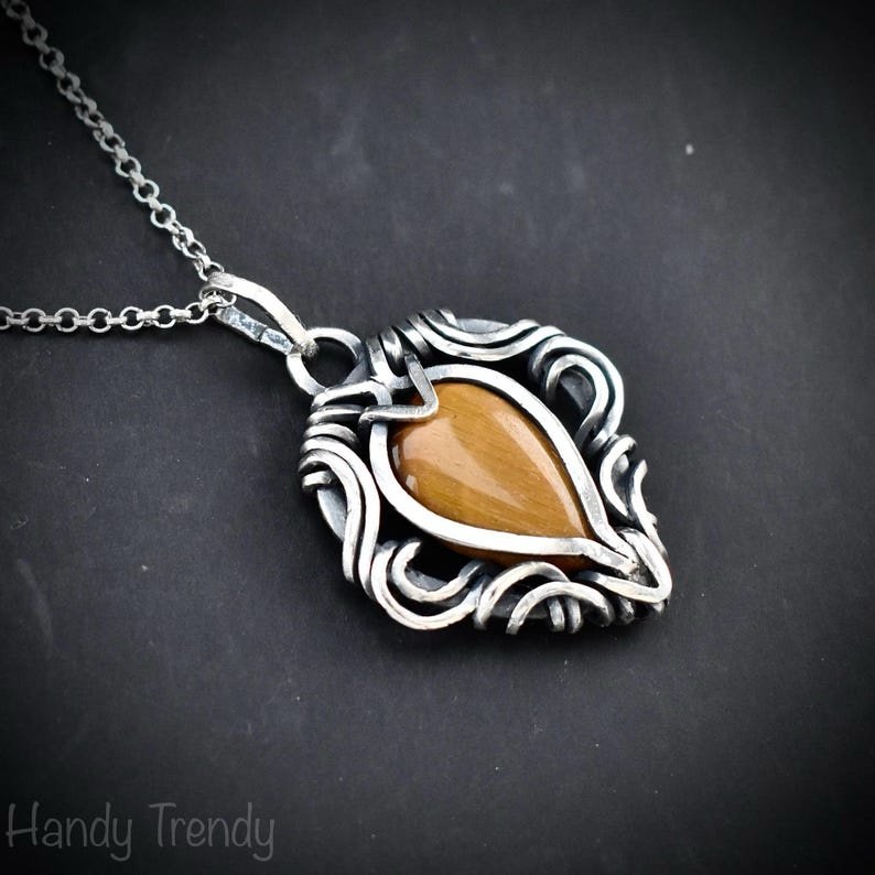 Yellow tiger eye free flow pendant, 925 sterling silver Wire wrapped jewelry, Unique handmade gift, One of a kind artisan necklace