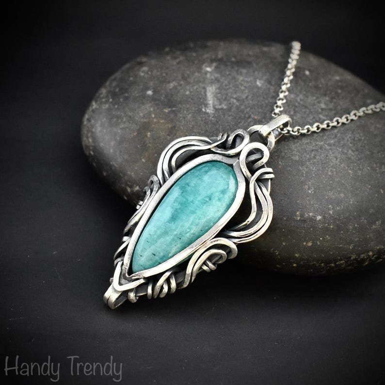 Amazonite free flow pendant, 925 sterling silver Wire wrapped jewelry, Unique handmade gift, Artisan necklace, One of a kind piece