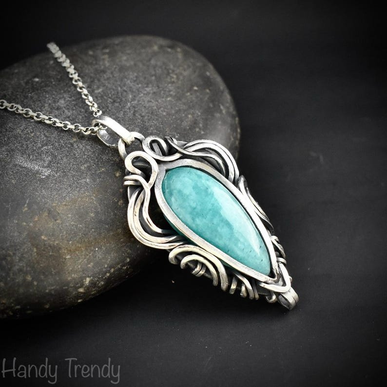 Amazonite free flow pendant, 925 sterling silver Wire wrapped jewelry, Unique handmade gift, Artisan necklace, One of a kind piece