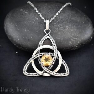 Citrine triquetra circle pendant, 925 sterling silver wire wrapped necklace, Unique handmade gift, Artisan jewelry, One of a kind design