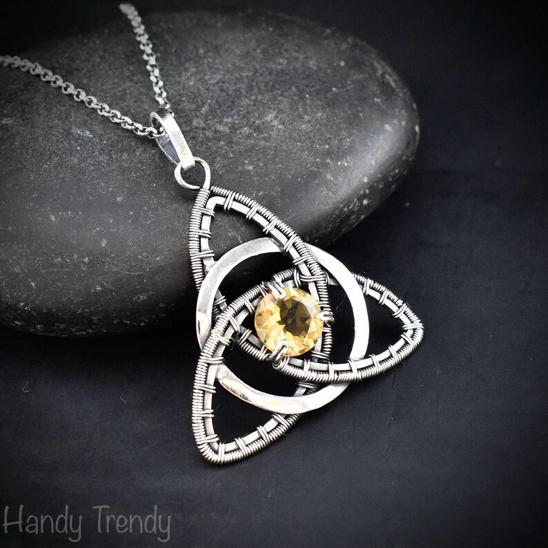 Citrine triquetra circle pendant, 925 sterling silver wire wrapped necklace, Unique handmade gift, Artisan jewelry, One of a kind design