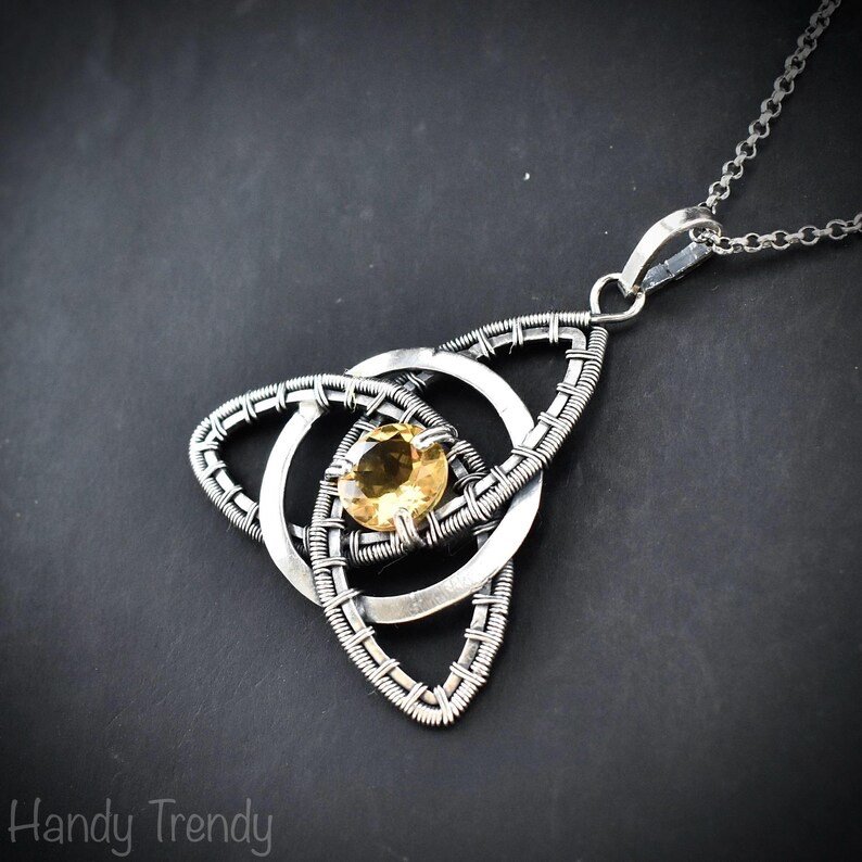 Citrine triquetra circle pendant, 925 sterling silver wire wrapped necklace, Unique handmade gift, Artisan jewelry, One of a kind design