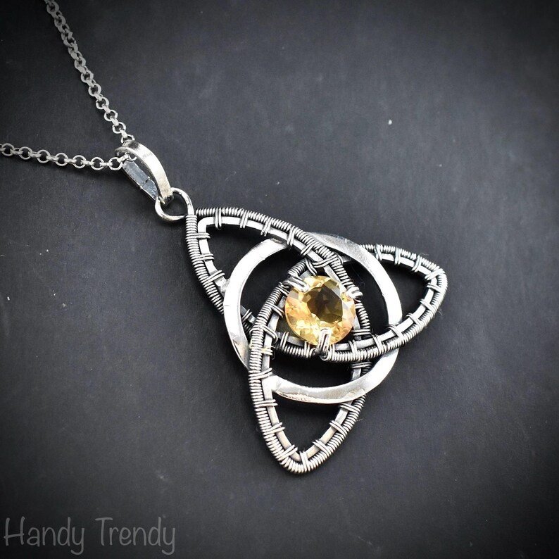 Citrine triquetra circle pendant, 925 sterling silver wire wrapped necklace, Unique handmade gift, Artisan jewelry, One of a kind design