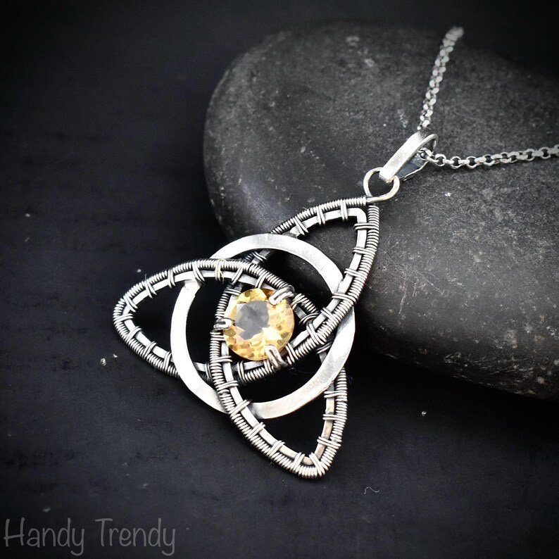 Citrine triquetra circle pendant, 925 sterling silver wire wrapped necklace, Unique handmade gift, Artisan jewelry, One of a kind design