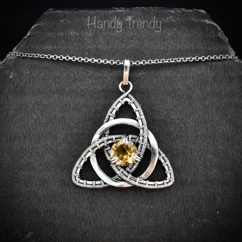 Citrine triquetra circle pendant, 925 sterling silver wire wrapped necklace, Unique handmade gift, Artisan jewelry, One of a kind design