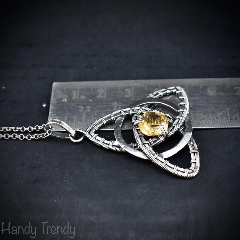 Citrine triquetra circle pendant, 925 sterling silver wire wrapped necklace, Unique handmade gift, Artisan jewelry, One of a kind design
