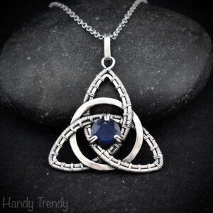 Blue labradorite triquetra circle pendant, 925 sterling silver wire wrapped necklace, Unique handmade gift, One of a kind artisan jewelry