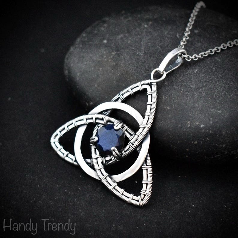 Blue labradorite triquetra circle pendant, 925 sterling silver wire wrapped necklace, Unique handmade gift, One of a kind artisan jewelry