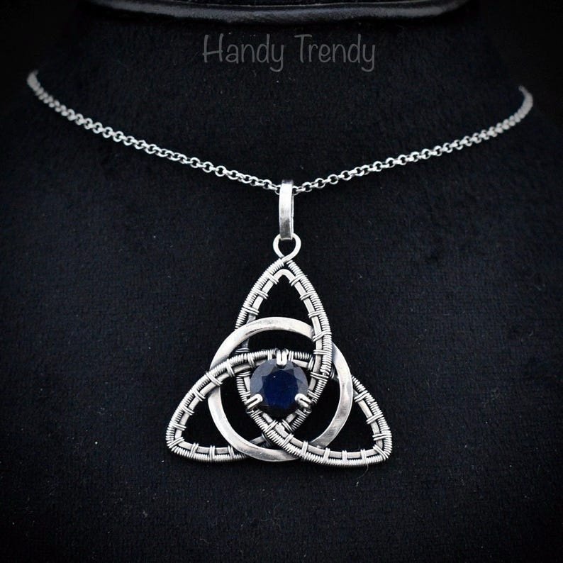 Blue labradorite triquetra circle pendant, 925 sterling silver wire wrapped necklace, Unique handmade gift, One of a kind artisan jewelry