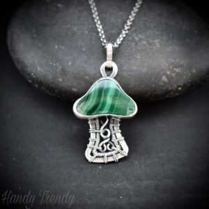 Malachite mushroom pendant, 925 sterling silver wire wrapped necklace, Unique handmade gift, One of a kind artisan jewelry