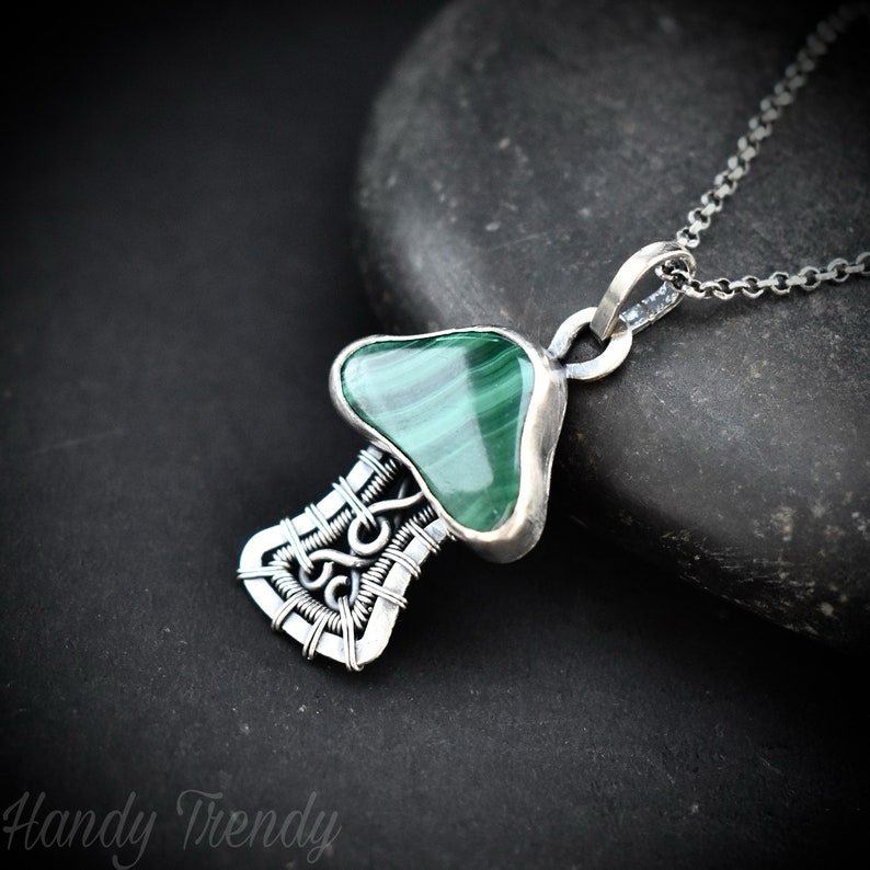 Malachite mushroom pendant, 925 sterling silver wire wrapped necklace, Unique handmade gift, One of a kind artisan jewelry